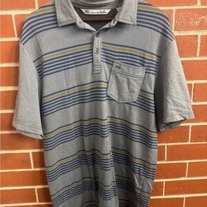 TravisMathew Polo Shirt Men’s Medium Gray Blue Striped Pocket Golf Casual